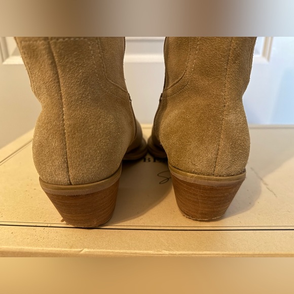Grace Gift X Samantha Lin Leather V-Cut Western Block Heel Long Boots Beige 23.5 - Picture 10 of 16